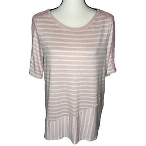Westport Top Pink White Striped Hacci Knit Lace Detail Short Sleeve Top Size M